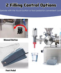 No Sweat Precision Filling With This Semi Automatic Horizontal Paste Liquid Filling Machine Featuring Pneumatic Cream Lotion Oil Shampoo Dispenser And Foot Pedal Control At Home Or Shop with button and foot pedal control options.