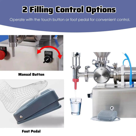 No Sweat Precision Filling With This Semi Automatic Horizontal Paste Liquid Filling Machine Featuring Pneumatic Cream Lotion Oil Shampoo Dispenser And Foot Pedal Control At Home Or Shop with button and foot pedal control options.