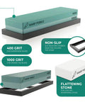 Two Sided Whetstone Knife Sharpening Stone 400/1000 Grit Kit with illustrations of features including flattening stone and non-slip base.
