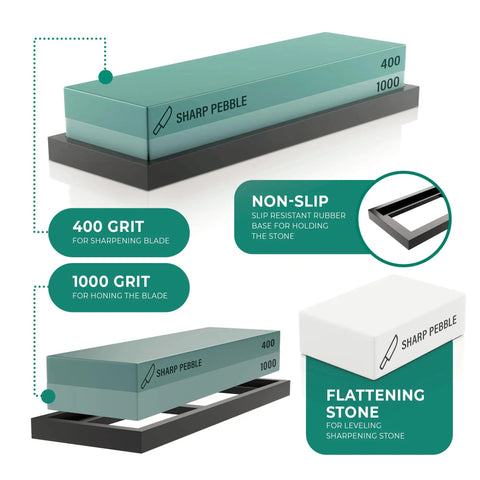 Two Sided Whetstone Knife Sharpening Stone 400/1000 Grit Kit with illustrations of features including flattening stone and non-slip base.