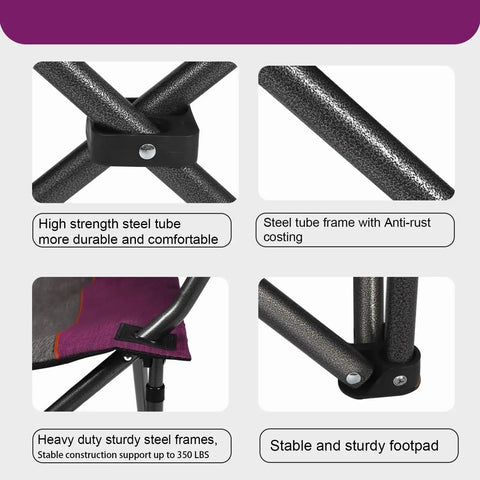 Oversized Portable Camping Chair With Cup Holder And Cooler Bag, steel tube frame details, heavy duty 350 lbs capacity, purple color
