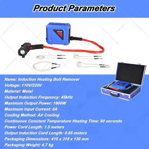 Pro Grade Induction Bolt Heater Kit 1800W Handheld Nut Warmer with four coils and carrying case for auto repairs.