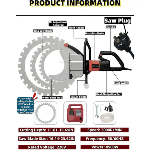 16 Inch Electric Concrete Ring Saw With 8900w Brushless Motor And Water Fed Dust Control For Smooth Core Cutting Up To 118 Inch Depth Shop Dog Workhorse Rig For Daily Trade Tasks, showing product specifications and features.