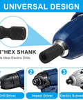 Close-up of 1/4" hex shank tool compatible with most electric drills, showcasing universal design for versatility.