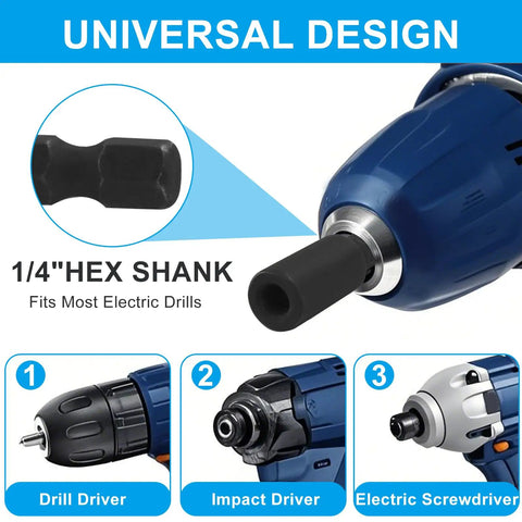 Close-up of 1/4" hex shank tool compatible with most electric drills, showcasing universal design for versatility.