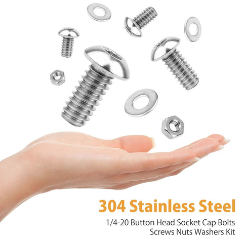 Assorted 1/4-20 hex button head screws set with washers and nuts, 304 stainless steel, 8 sizes, 300 pcs kit