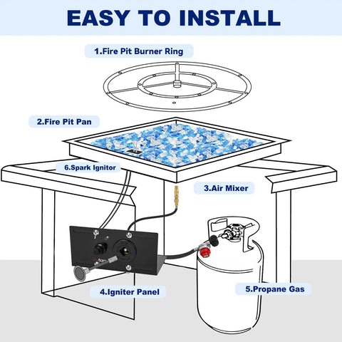 Diagram showing setup of Fire Pit Spark Ignition Kit With Push Button Igniter Three Quarter Inch Ball Valve And Key Black Finish