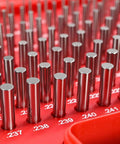 Pro Grade Pin Gauge Set M1 0.061-0.250 Inches, 190-Piece Class ZZ Steel Pin Gauges With Storage Case, Ultra Precise Measurement Tools With Tight Tolerances 0.0000 To -0.0002, HRC 60-62, close-up of steel pins in red case