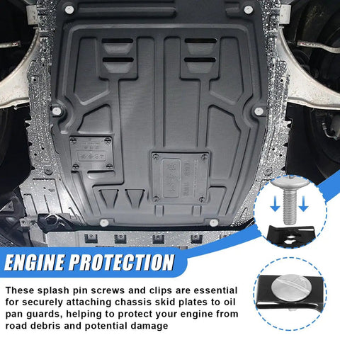 Beefy 8 Piece Car Engine Splash Shield Hardware Kit featuring Lower Cover Pins, bolts, and radiator clips on chassis guard protection.