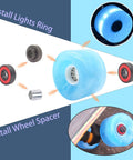 Skateboard Wheel Set 65mm By 43mm 78A High Rebound Urethane With 608RS Bearings Washers And Spacers One Piece Tool Included For Longboard Or Regular Cruisers Blue, showing wheel assembly.