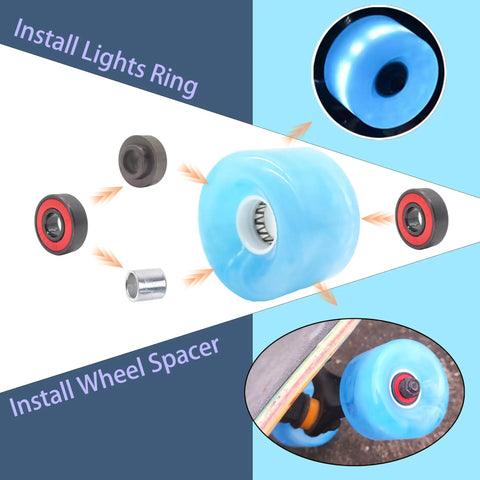 Skateboard Wheel Set 65mm By 43mm 78A High Rebound Urethane With 608RS Bearings Washers And Spacers One Piece Tool Included For Longboard Or Regular Cruisers Blue, showing wheel assembly.