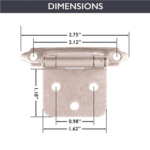 Dimensions of Self Closing Cabinet Hinges Satin Nickel 50 Pack for Three Eighths Inch Inset Variable Overlay Kitchen Cabinet Doors