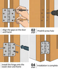 Installation steps for Heavy Duty Ball Bearing Door Hinges Set, 4x4 Inch Square, 304 Stainless Steel Brushed Finish, Includes 32 Screws.