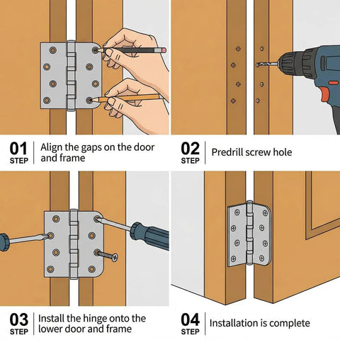Installation steps for Heavy Duty Ball Bearing Door Hinges Set, 4x4 Inch Square, 304 Stainless Steel Brushed Finish, Includes 32 Screws.