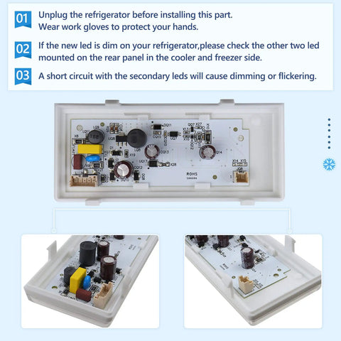 LED Refrigerator Light Replacement W10515058 circuit board and components in rectangular white housing.