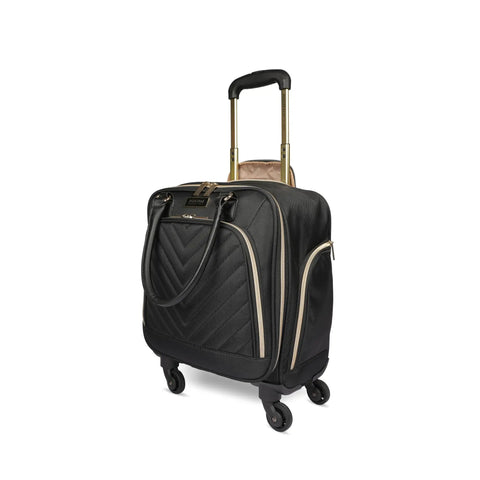 Chelsea Chevron Quilted Underseat Carry On Luggage Black With Gold Accent Zippers And Slick Four Wheel Spinner 17 Inch