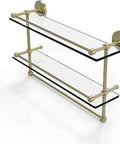 Satin Brass Gallery Glass Shelf With Double Towel Bar 22 Inch Concealed Mounting Tempered Glass Solid Brass Hardware Lifetime Finish USA Made