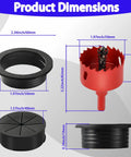 Product dimensions of Premium Black Desk Grommets 2 Inch 10 Pack with hole saw sizes and shapes for cable management.