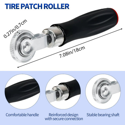 Top Shelf 33 Piece Tire Patch Kit With 30 Rubber Inserts In Three Sizes Plus Roller And Scraper For Quick Car Motorcycle And Bike Repairs That Make Fixing Flat Tires A Snap Hella Tough Gear For Every Road. Tire patch roller featuring comfortable handle and durable metal roller.
