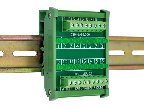 Sixteen Channel Green LED Indicator Light Module For DIN Rail Mount 5 To 50V DC Common Positive And Negative, 5mm LEDs