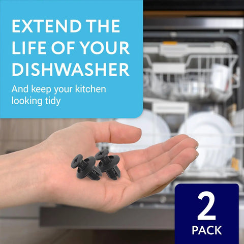 Hand holding black D-shaped clips for easy install; Dishwasher Kick Plate Clips Black D Shape One Size Universal Fit No Fuss Easy Install Fits Kenmore KitchenAid Whirlpool Dishwashers and Access Panels Durable Build
