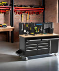 61-Inch Heavy-Duty Rolling Tool Chest And Mobile Workbench With Nine Drawers, Rubber Wood Top, Locking System in garage