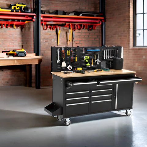 61-Inch Heavy-Duty Rolling Tool Chest And Mobile Workbench With Nine Drawers, Rubber Wood Top, Locking System in garage