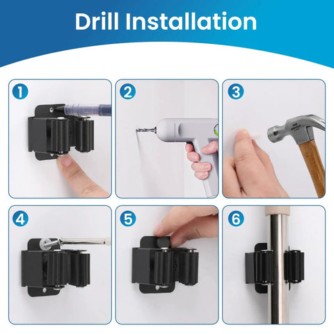 Drill installation steps for Heavy Duty Stainless Steel Broom And Mop Wall Mount Hanger, 4 Piece Set, Anti Rust Wall Bracket, Black.