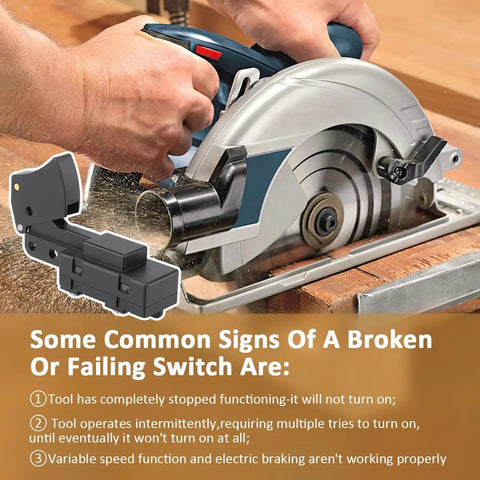 Close-up of Real Tough SW77 Trigger Switch Replacement for Skil Bosch Ryobi Ridgid Worm Drive Circular Saws in use.