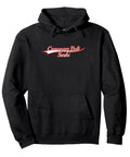 Retro Varsity Throwback Hoodie With Conveyor Belt Sushi Theme in black, classic fit, featuring red sushi motif on chest.