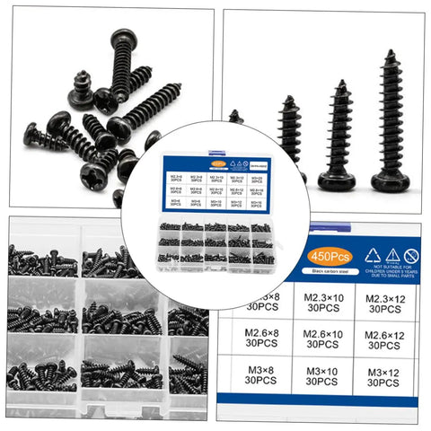 450 Piece Black PA Cross Head Round Self Tapping Screws Kit For Electronics And Furniture Repairs Miniature Screws Set