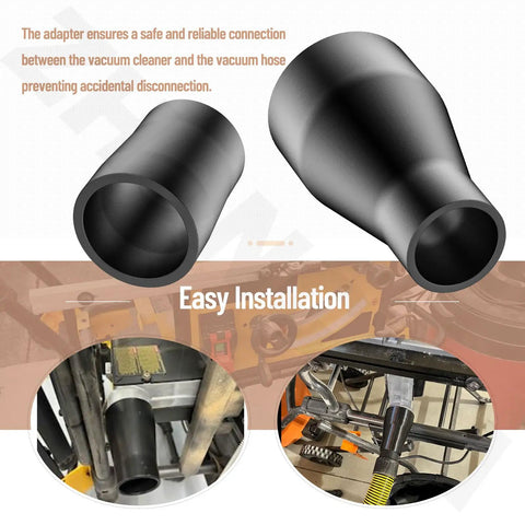 Super Handy Miter Saw Vacuum Adapter for Dust Collection showing black plastic adapters with hose connections