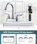 Diagram of Two-Handle Chrome 4-Inch Centerset Bathroom Faucet With Drain Assembly And Supply Hoses, dimensions included