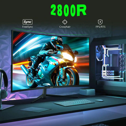 24 Inch Curved Computer Monitor With 100Hz FHD 1920x1080, 2800R Immersive Display shown on a desk with a motorcycle image