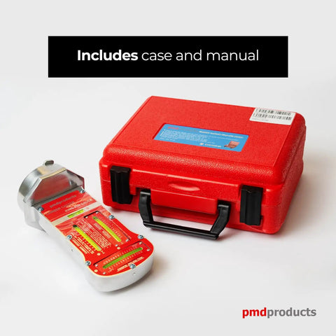 Pro Grade Magnetic Camber Caster And KPI Alignment Gauge With Bullseye Bubble Vials for Dead On Wheel Geometry Tuning in red case.