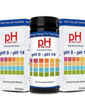 Packaging of All-Purpose pH Test Strips 0-14, 100 Count, featuring color chart and 100 strips per bottle for at-home checks.