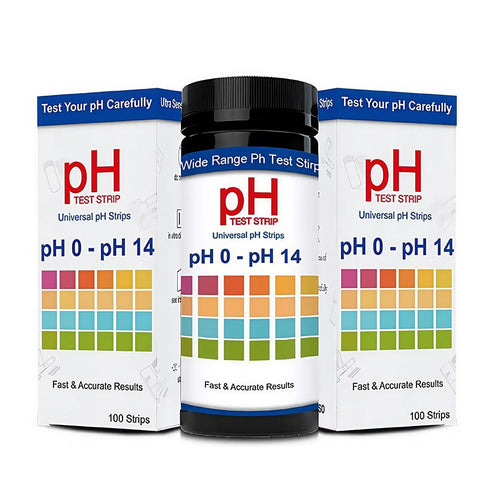 Packaging of All-Purpose pH Test Strips 0-14, 100 Count, featuring color chart and 100 strips per bottle for at-home checks.