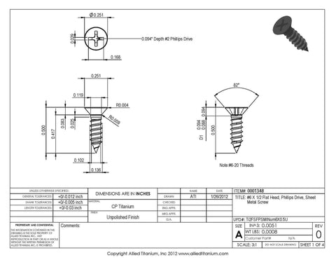 Titanium Sheet Metal Screw Pack Of 25, No. 6 By One Half Inch Flat Head Phillips Drive, Grade 2 CP Titanium blueprint