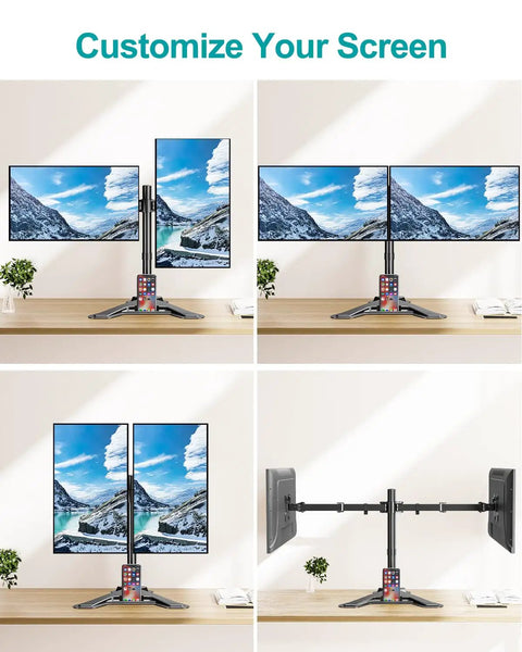 Dual Monitor Stand For 13 To 27 Inch Screens, Free Standing Full Motion Desk Mount With Boss Level Adjustability in use