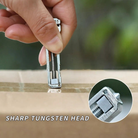 Demonstrating the Pocket Size Mini Multitool Wrench With Bottle Opener's sharp tungsten head cutting tape on a box.