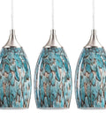 Three Light Pendant Set For Kitchen Island With Hand Blown Blue Glass Shades Chrome Canopy Adjustable Cords Coastal Chic Modern Vibe