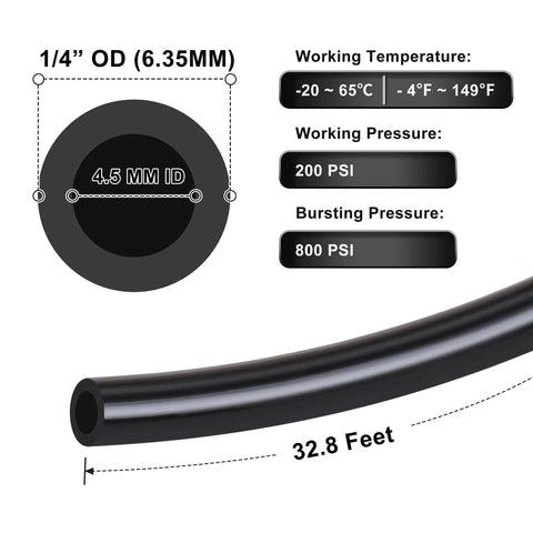 Diagram showing 1/4 Inch Nylon Air Line Tubing For Pneumatic Systems, 32.8 Feet Long, 6.35mm OD with pressure ratings and temperature range.
