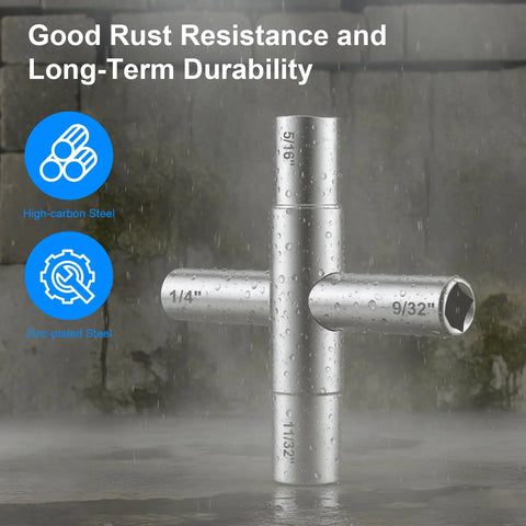 Four Way Sillcock Water Key 1/4 In 9/32 In 5/16 In 11/32 In Go-To Must-Have Handy Palm Sized Shutoff Tool For Hose Bibs Anti Corrosion Zinc Plated Steel The Essential Home Or Crisis Kit Hydrant Valve Key, zinc-plated steel