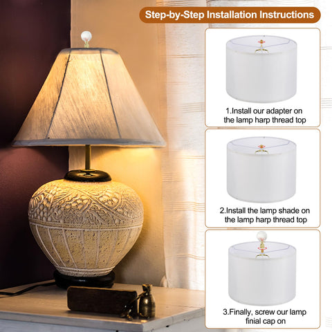 Lamp with Pink Glass Flower Ball Lamp Finial Cap 1/4-27 Thread, 2 Pack for Lampshade Harp Tops shown installed and step-by-step instructions.