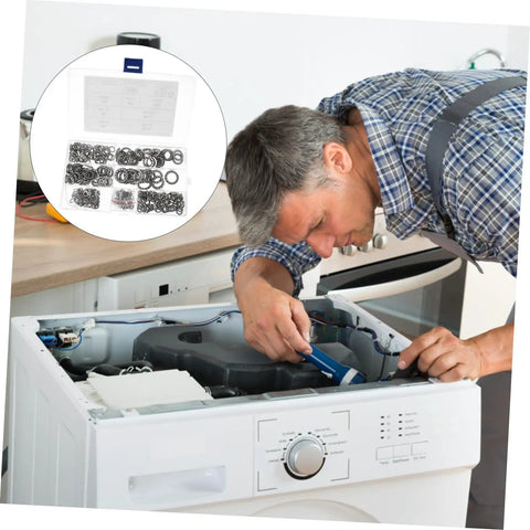 Man repairing appliance with open kit of 390 Count Serrated Tooth Lock Washers Set M3 To M10 Stainless Steel Heavy Duty Push On Locking Fasteners