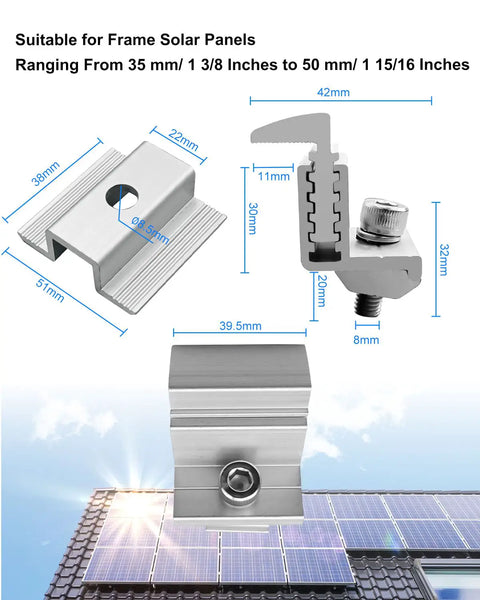 Rock Solid Solar Panel Mounting Brackets With Easy Flex Angle Tweak and Heavy Duty 1.06 Inch Rails Snug Clip for 32 to 50 mm Posts includes fittings and dimensions.