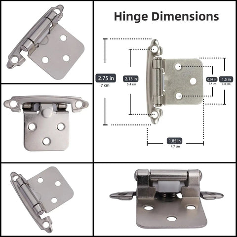 Brushed Nickel Cabinet Hinges Self Closing Half Inch Overlay Flush Mount For Kitchen Cabinets Doors with dimensions
