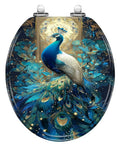 Round Resin Toilet Seat for Bathroom with peacock design, 16.5 inches length, 14.5 inches width, featuring vibrant colors.