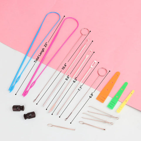 16 Piece Drawstring Threader Kit For Hoodies Jackets Coats Pants And Shorts With Elastic Threaders Loop Turner Hooks Metal Threaders Tweezers Plastic Threaders And Cord Locks For Easy Do It Yourself Repairs All In One laid out on pink surface.