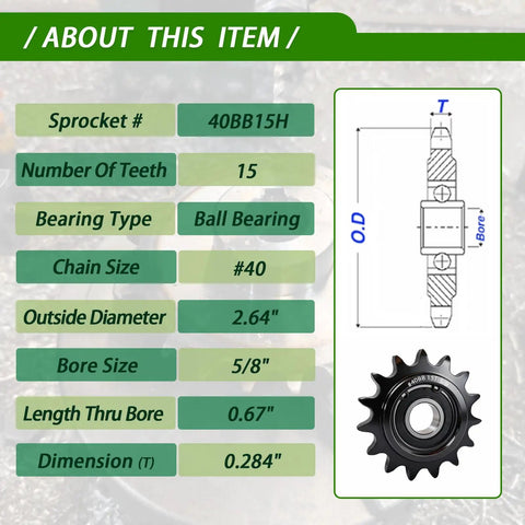 Diagram and specifications for 15 Tooth Idler Sprocket with Five Eighths Bore and Sealed 6202 Bearing, dimensions shown in image.